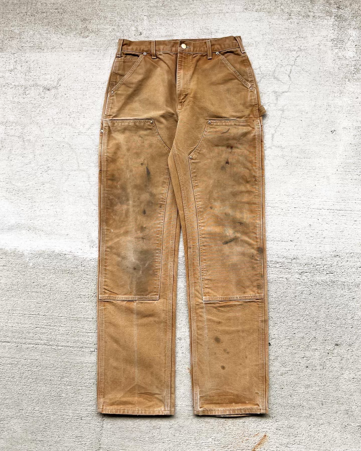 1990s Carhartt Tan Distressed Double Knee Pants - Size 31 x 35