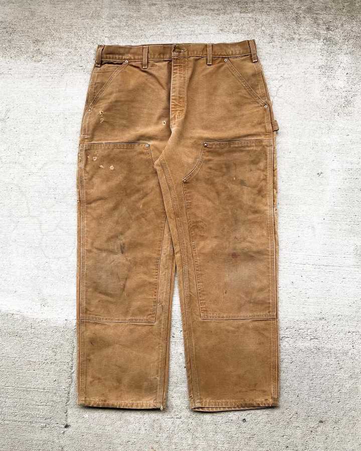 1990s Carhartt Tan Distressed Double Knee Pants - Size 35 x 28
