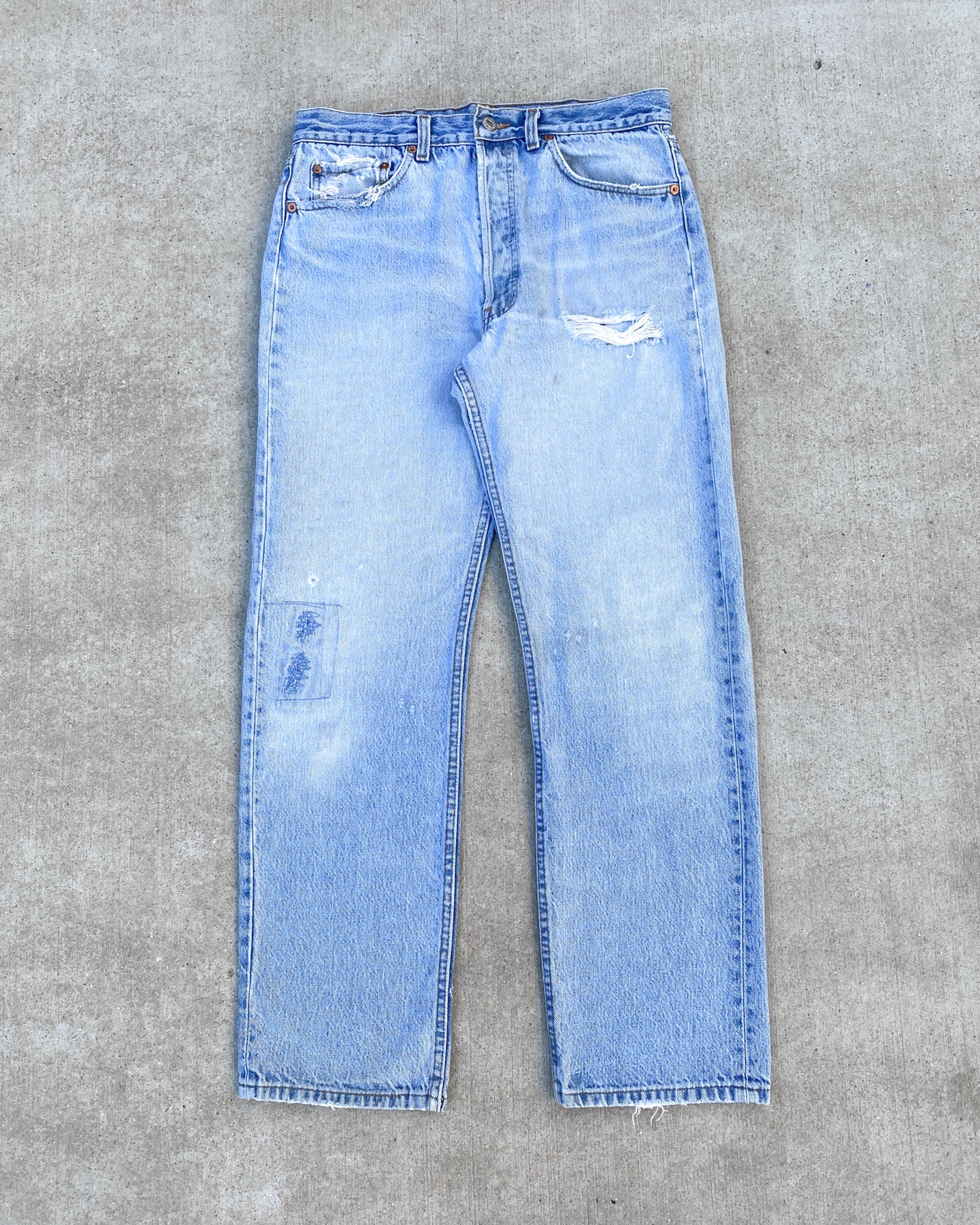1990s Levi's Repaired and Distressed Light Wash 501 - Size 31 x 30