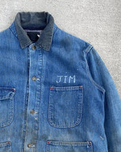 Load image into Gallery viewer, 1960s Sears Painted and Distressed &quot;Jim&quot; Flannel Lined Denim Chore Coat - Size Large
