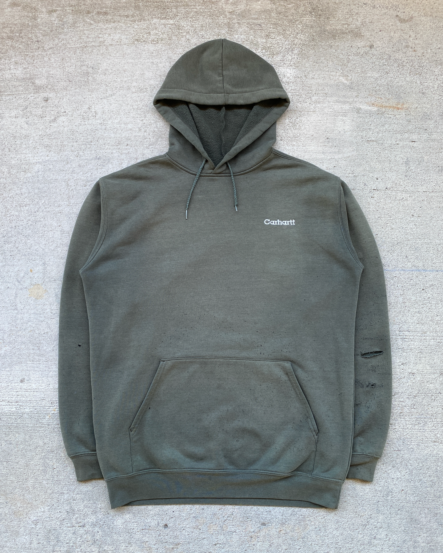 1990s Carhartt Sun Faded Distressed Olive Hoodie - Size X-Large