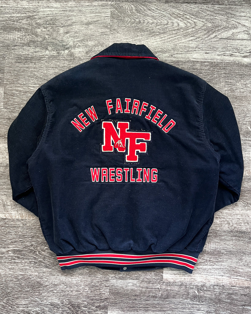 1990s New Fairfield Wrestling Corduroy Quilt Lined Navy Varsity Jacket - Size Large