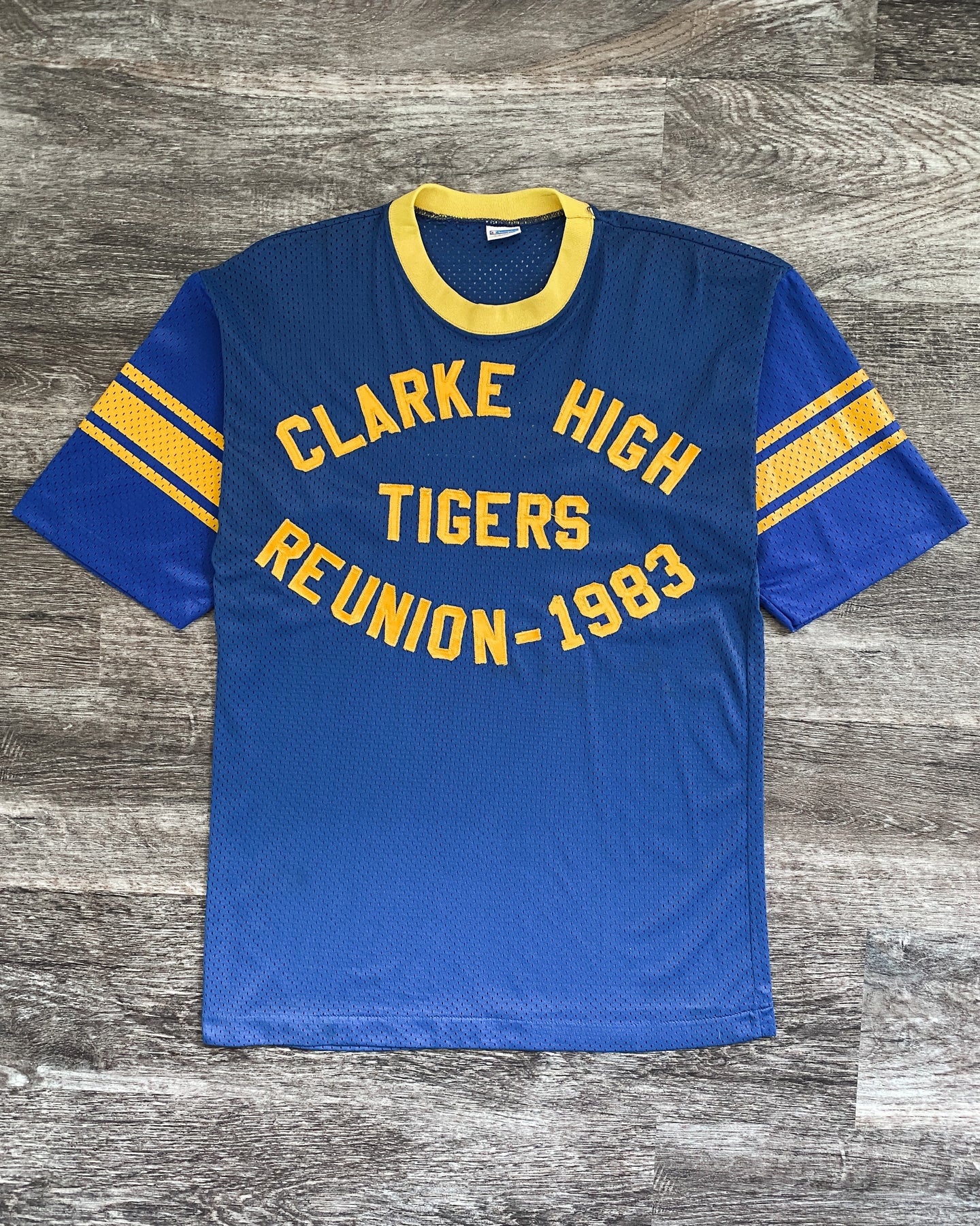 1980s Champion Clarke High Reunion Mesh Single Stitch Jersey Tee - Size Medium