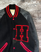 Load image into Gallery viewer, 1960s &quot;H&quot; Black and Red Distressed Varsity Jacket - Size Large
