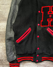 Load image into Gallery viewer, 1960s &quot;H&quot; Black and Red Distressed Varsity Jacket - Size Large
