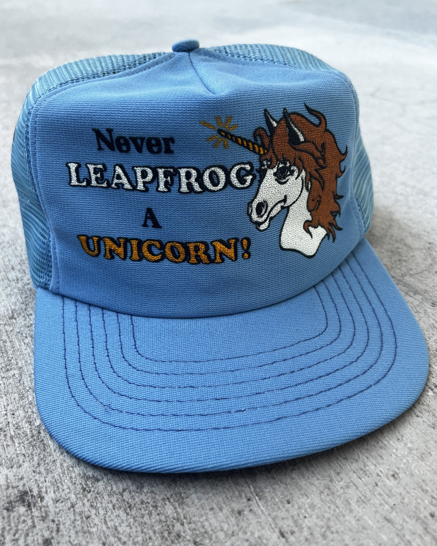1980s Never Leapfrog a Unicorn Snapback Trucker Hat - One Size
