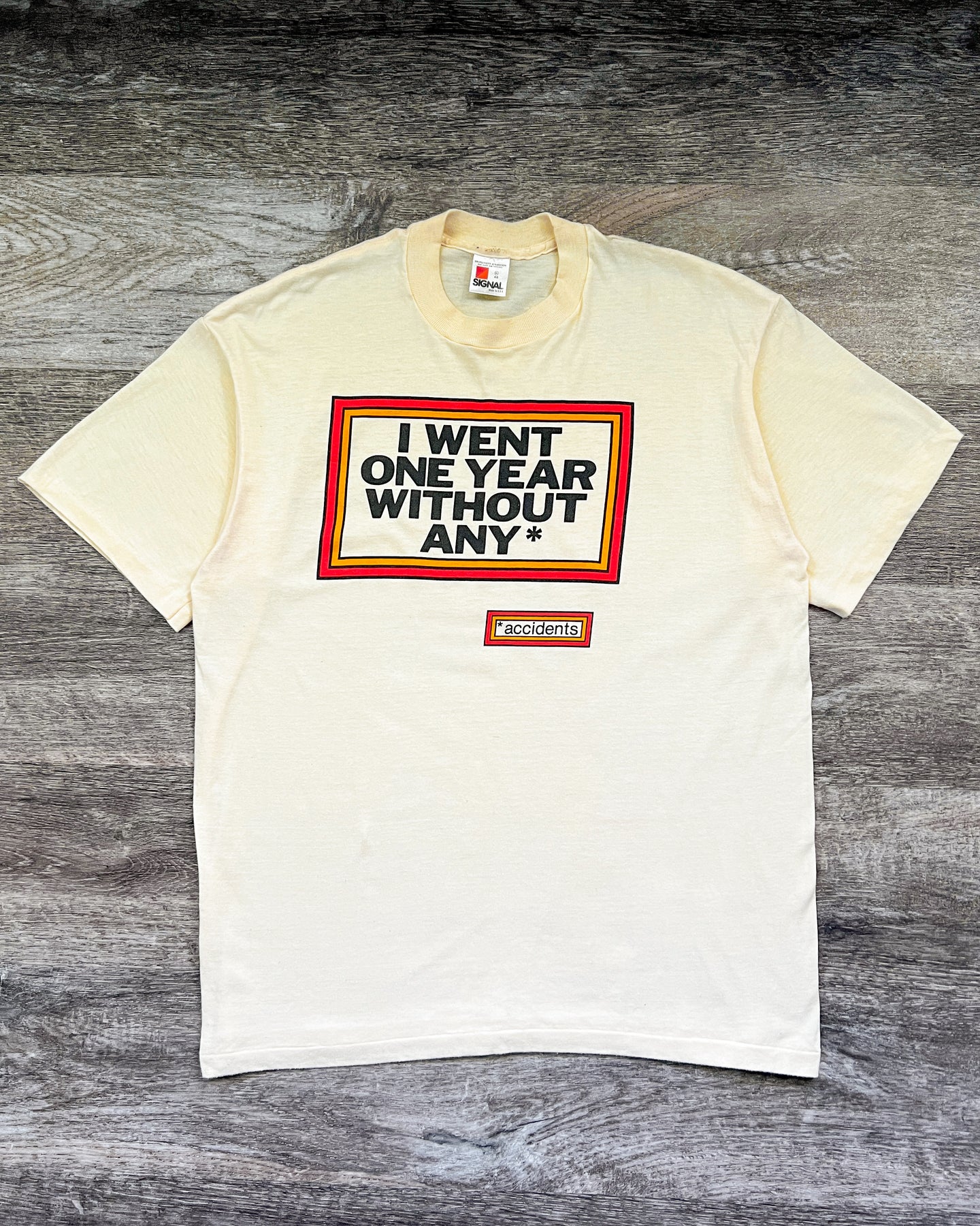 1990s Cream I Went One Year Without Any Accidents Single Stitch Tee - Size X-Large