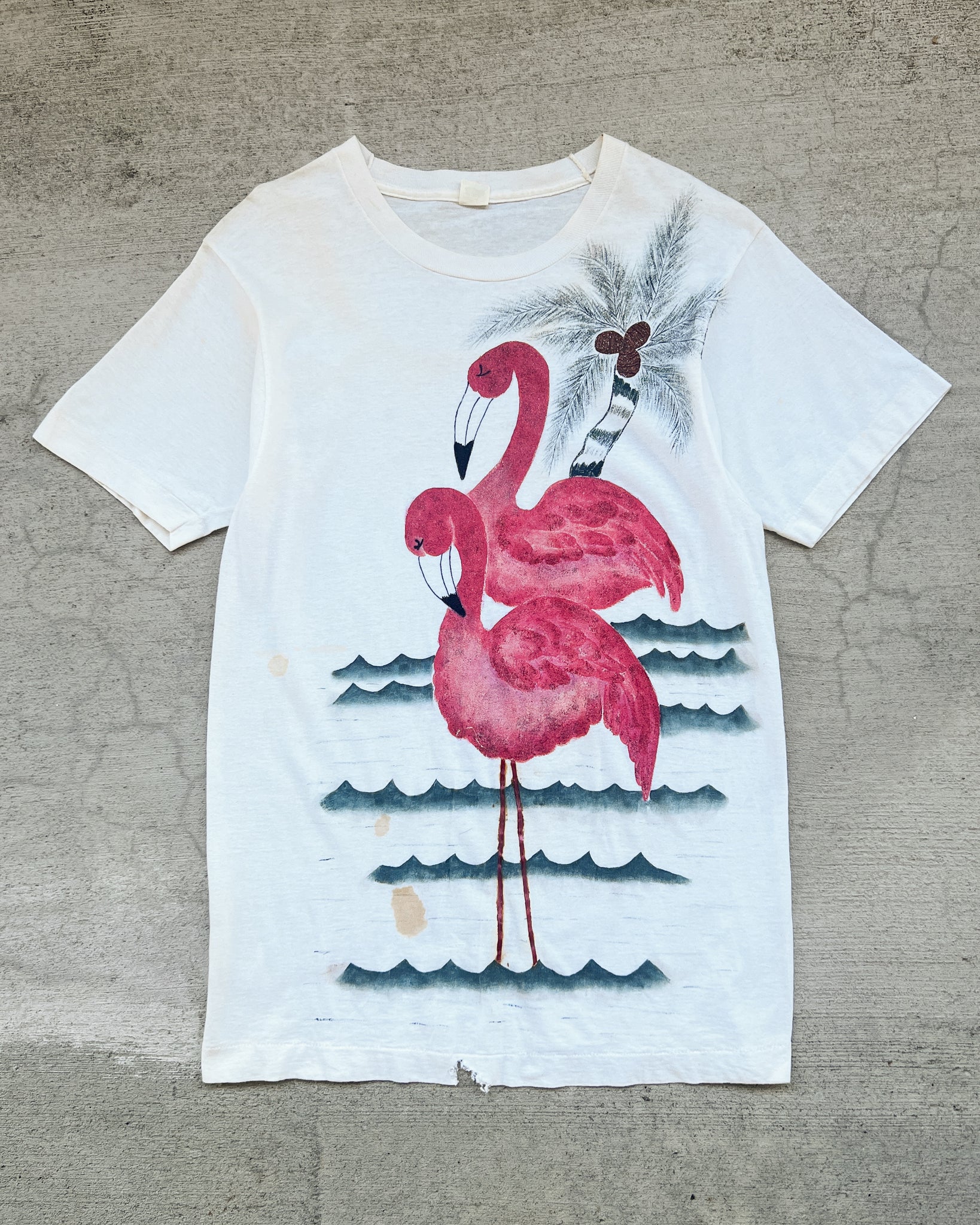 1980s Flamingo Art All-Over Print Cream Single Stitch Tee - Size Medium