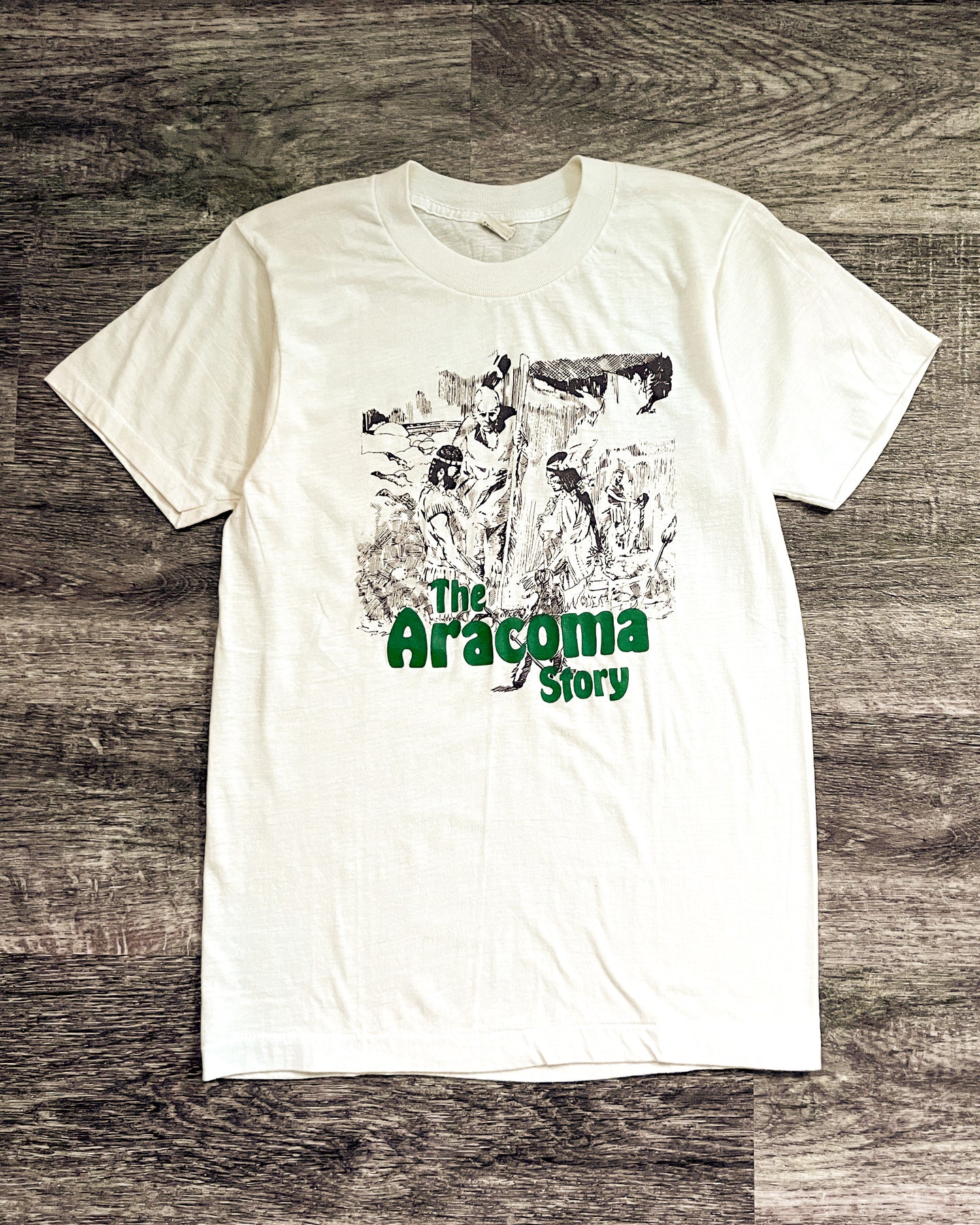 1980s Aracoma Story Cream Single Stitch Tee - Size Medium