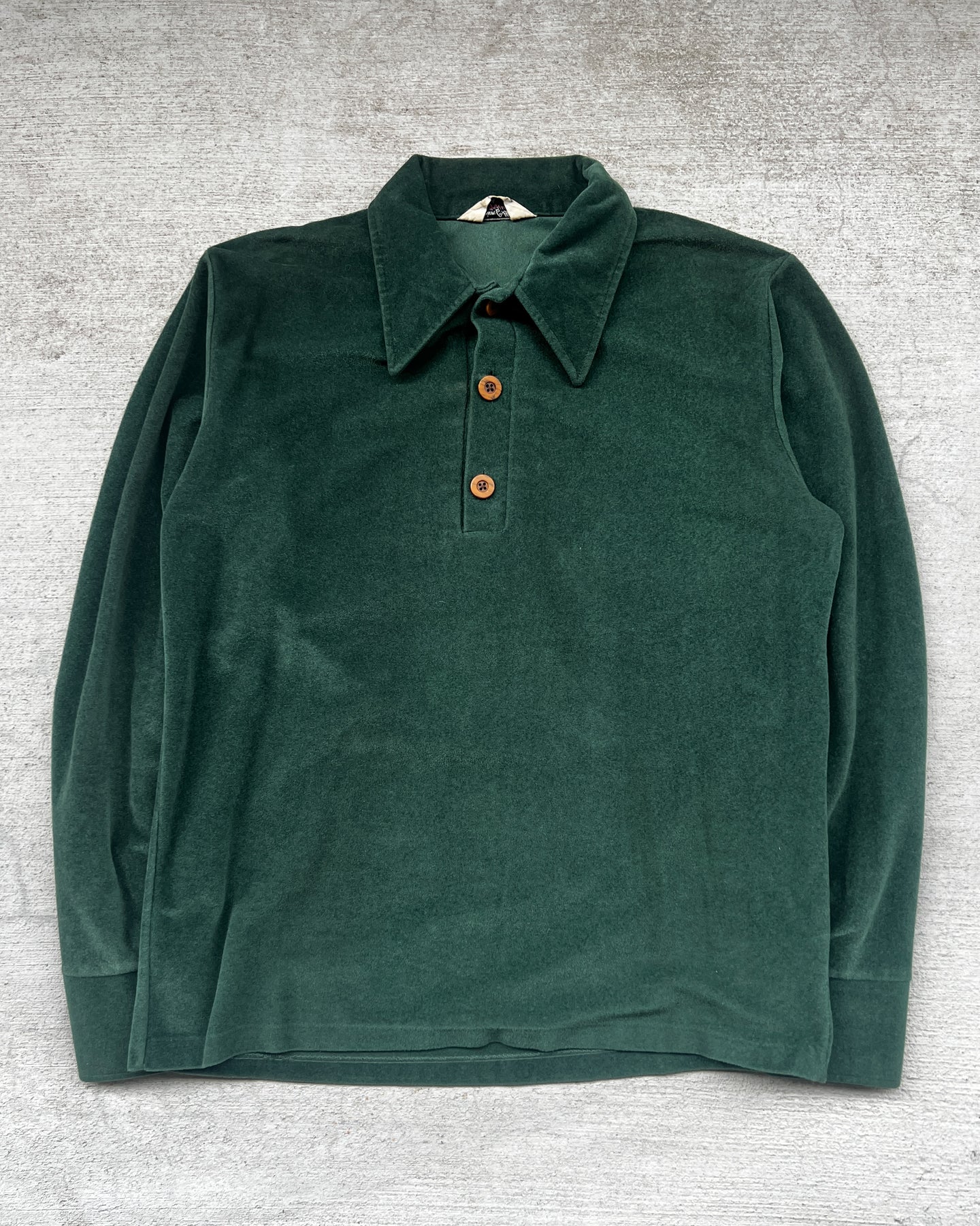 1970s Velour Pine Green Long Sleeve Polo - Size Large