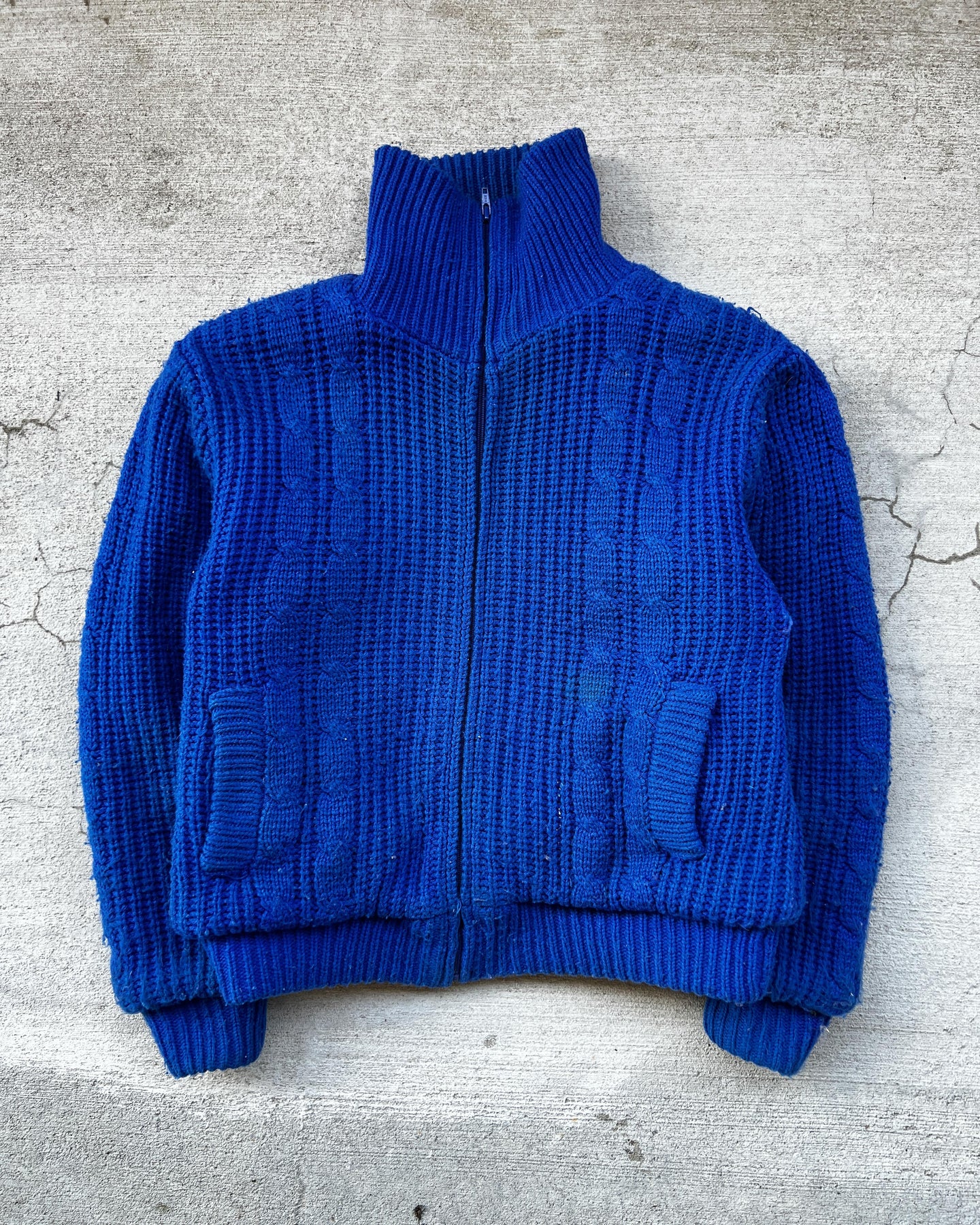 1980s Cable Knit Royal Blue Zip Up Sweater - Size Large