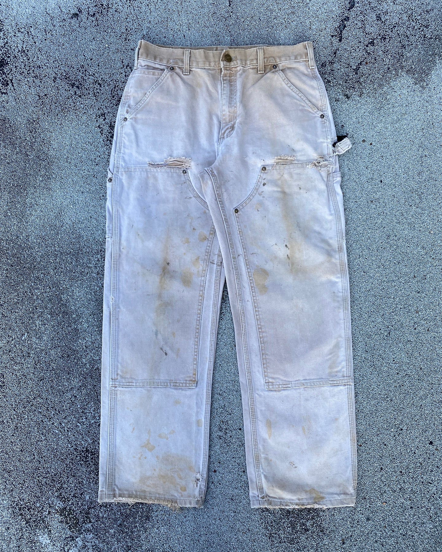 1990s Sun Bleached and Thrashed Cream Carhartt Double Knee Pants - Size 31 x 29