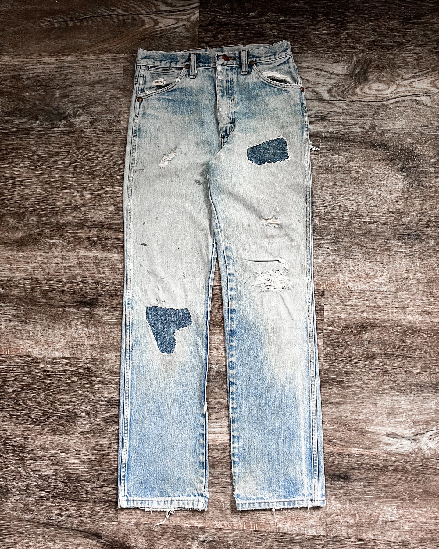 1990s Wrangler Patchwork Repaired Light Wash Jeans - Size 28 x 31