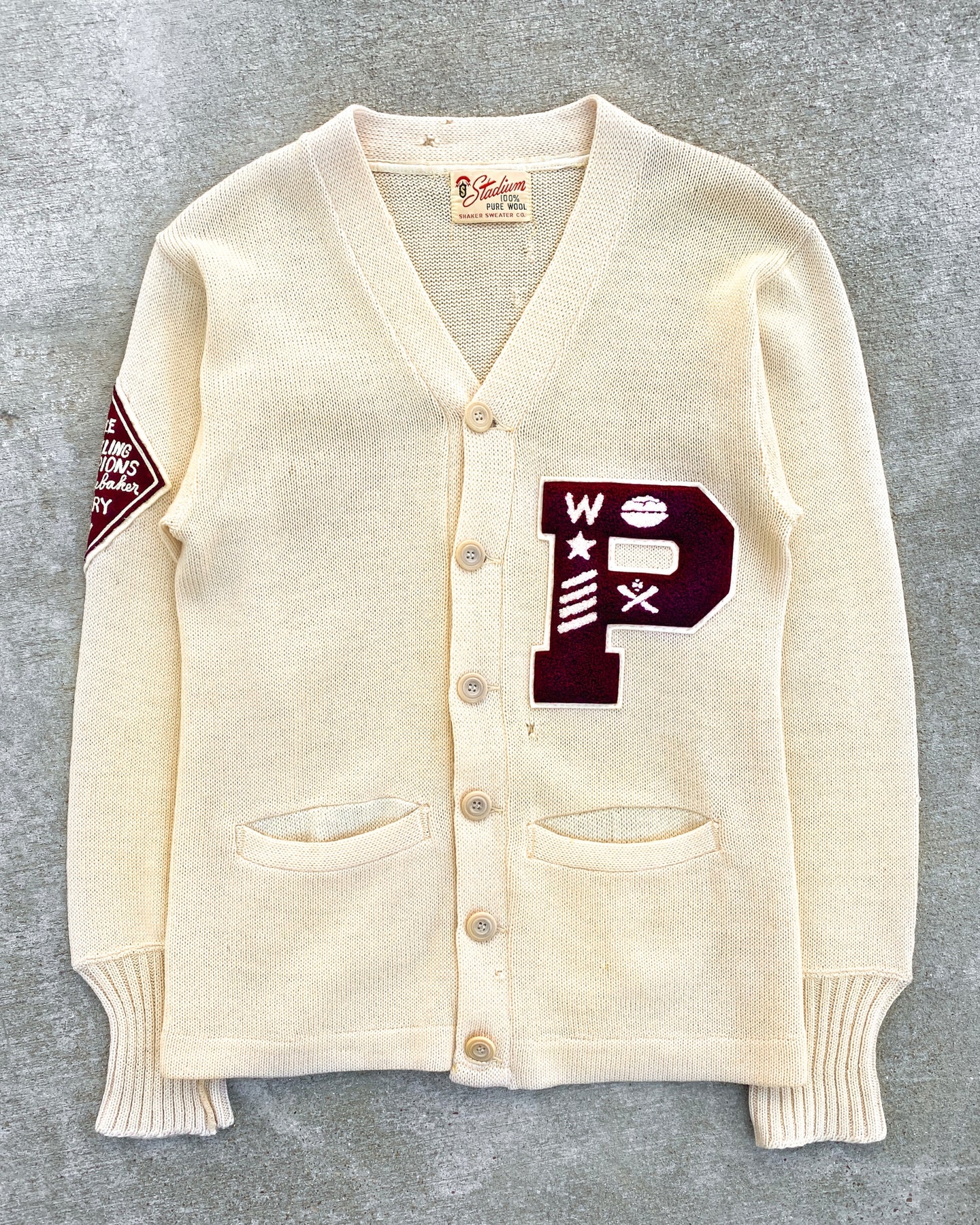1952 Chain Stitch Cream Varsity Cardigan with Maroon Lettering - Size Large